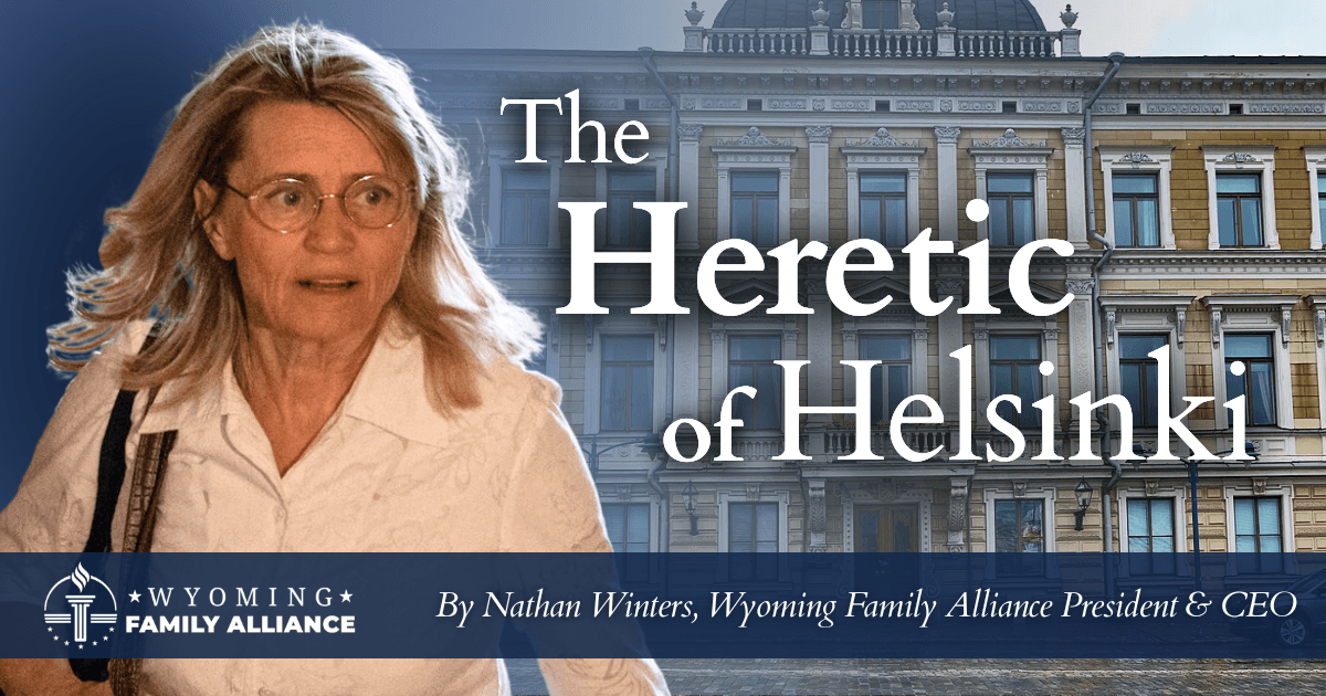The Heretic of Helsinki, by Nathan Winters, Wyoming Family Alliance President and CEO. Finnish parliamentarian P&auml;ivi R&auml;s&auml;nen pictured against the Supreme Court of Finland in Helsinki.